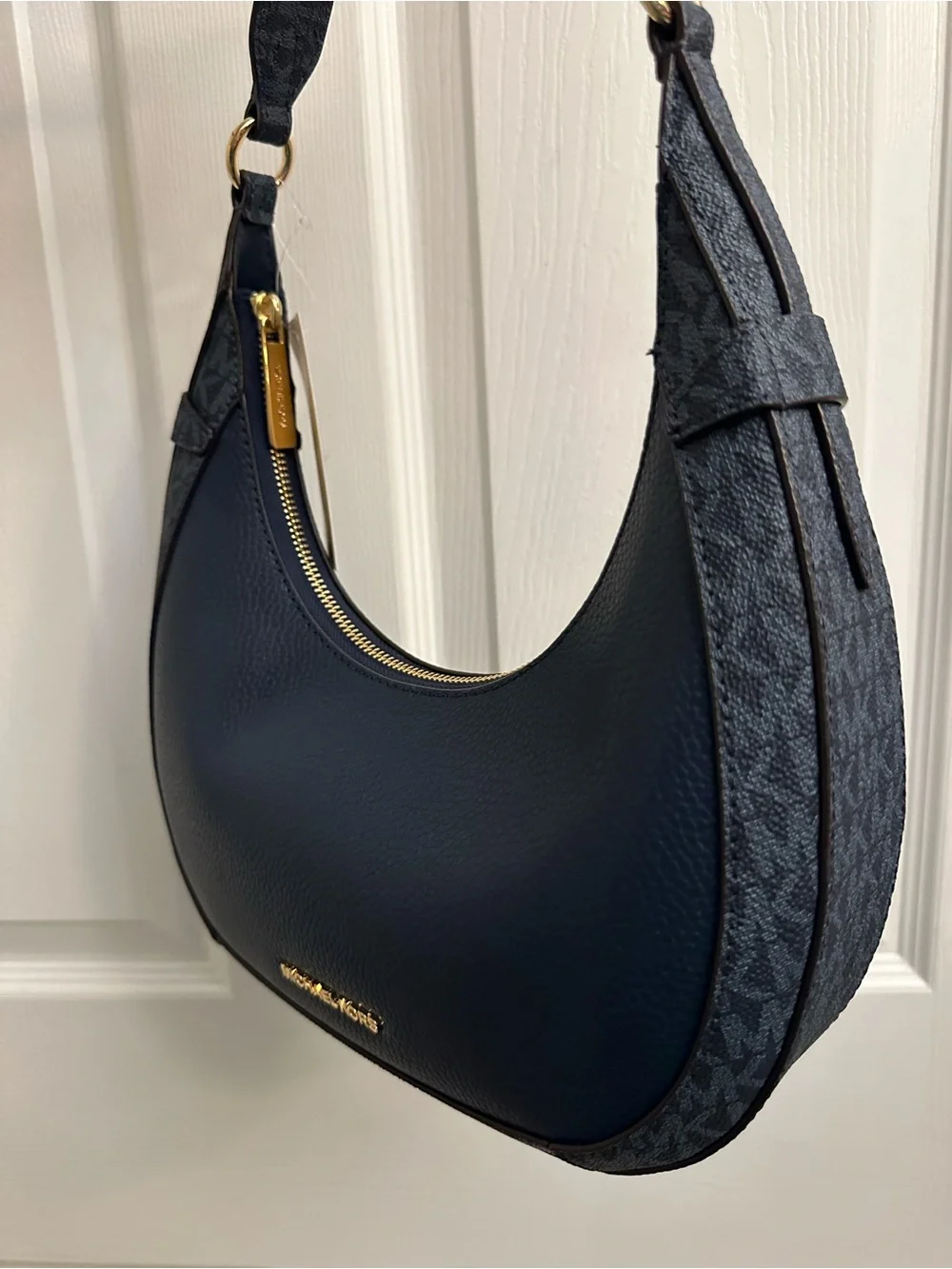 Michael Kors Navy Pebbled Leather Hobo with Gold-Tone Accents